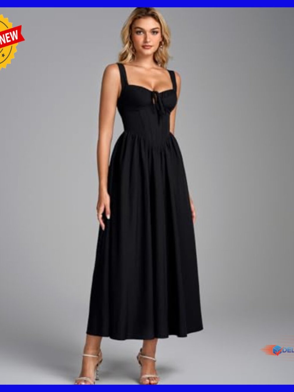 Corset Midi Dress Lace Up Back A-Line Flowy Formal Wedding Guest Sundress - Picture 2 of 6